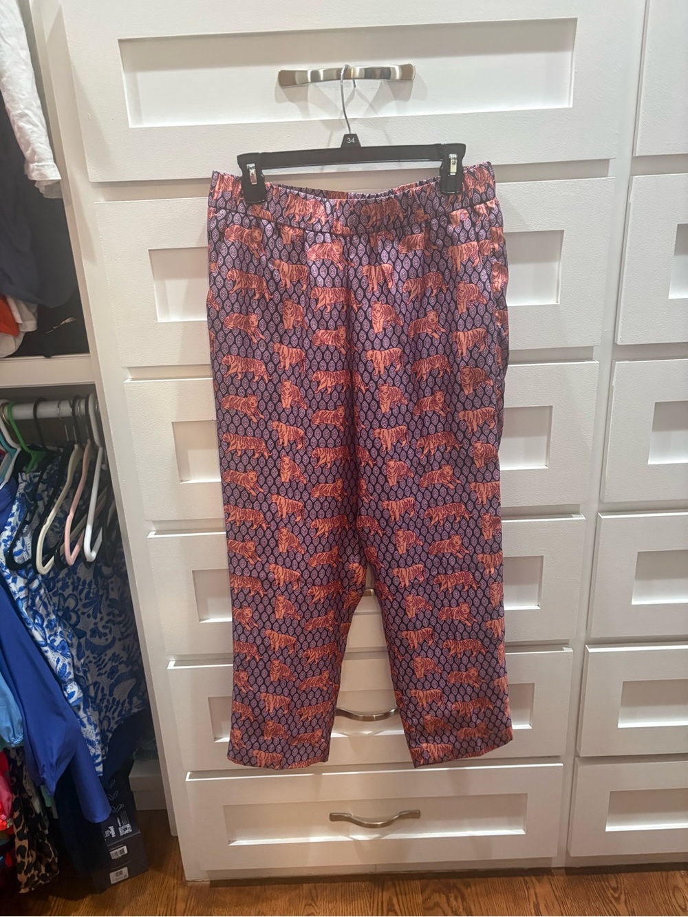 J. Crew Cropped Tiger Printed Pants in Orange and Navy